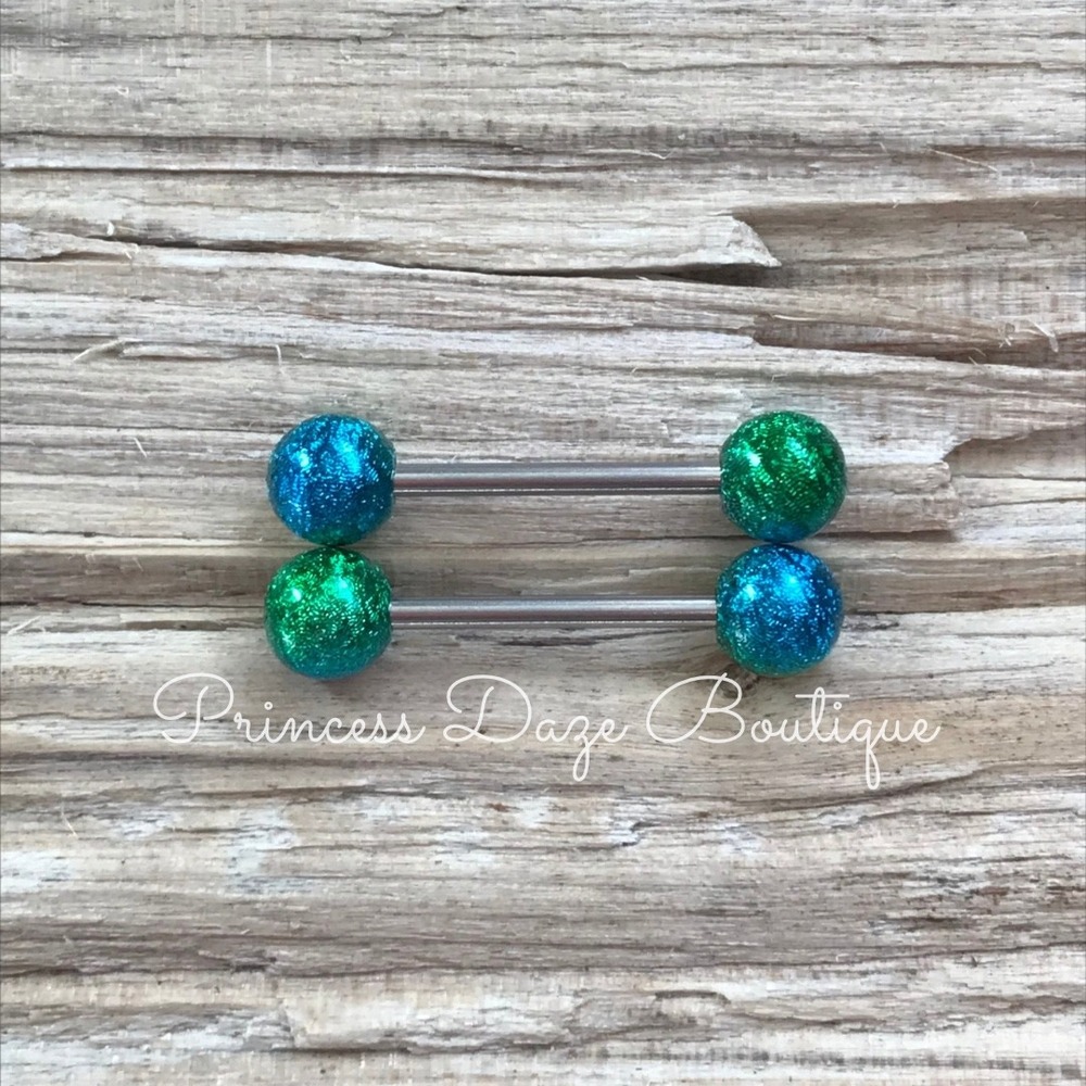 Teal Green Glitter Nipple Ring Barbell Set